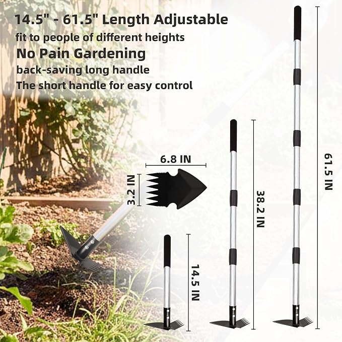 Weed Puller Tool with Long Handle, 62inch Efficient Weed Remover Tool, 2-in-1 Weed Rake and Hoe Garden Tool for Easy Weed Removal & Deeper Root Digging, Manual Weeder Tool for Yard Flower Bed