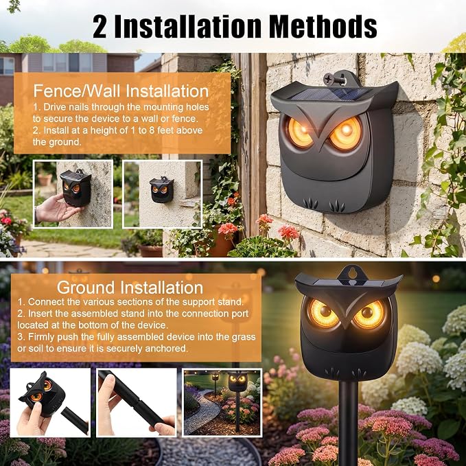 4 Pack Solar Owl Animal Repeller Outdoor for Raccoon, Deer & Squirrel Cat, Night-Only Breathing Mode Light Deterrent, Mini Hanging Predator Scare Device, Waterproof for Garden Yard Tree Shed