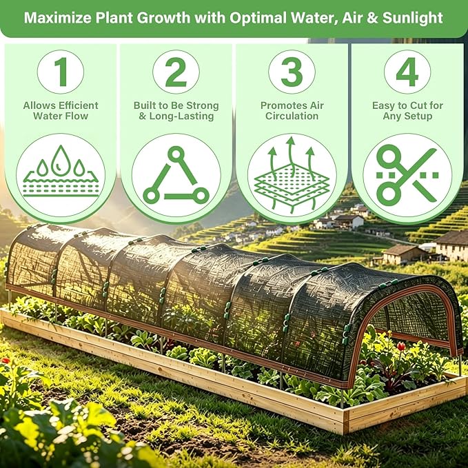 Garden Shade Cloth Kit 10x10FT, 50% Sunblock Garden Shade for Plants with 6 Sets Garden Hoops & Clips, UV Resistant Raised Bed Shade Cover for Outdoor Plants, Vegetables & Greenhouse