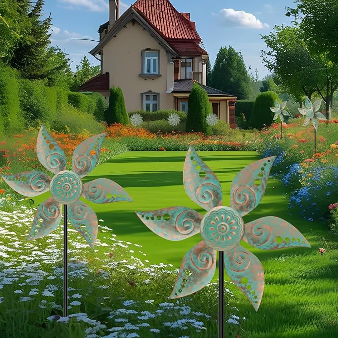 2 Pack Wind Spinners Outdoor Metal Vintage Green, Waterproof Wind Sculptures Garden Pinwheels & Decorative Stakes, Small Windmills for Yard Lawn Patio Outdoor Garden Decor (Type 35)