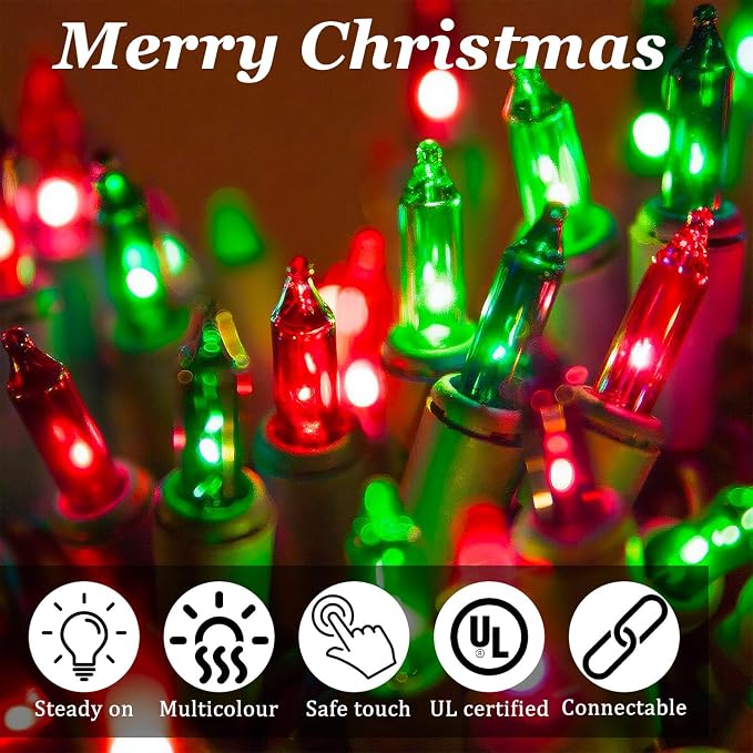 Red and Green Christmas Lights Outdoor, 50FT 200 Count Incandescent Mini Christmas Lights Green Wire, Waterproof Fairy Lights, Connectable Xmas String Lights for Christmas Tree, Garland, Wedding Decor