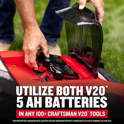 CRAFTSMAN V20 20 in Lawn Mower, 2 x 5Ah Batteries and 2 Chargers Included, High Effeciency Brushless Motor, Push Mower, Up to 50 Min of Runtime, Lightweight, Grass Bag, Low Profile (CMCMW220P2)