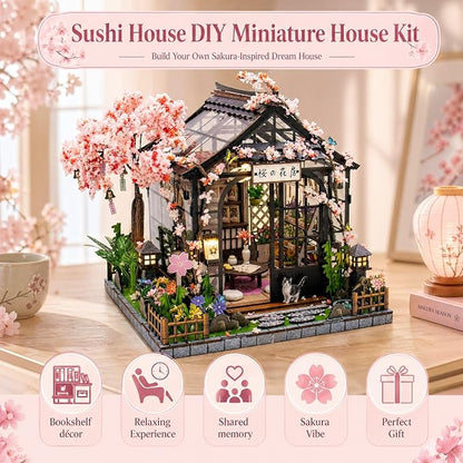 DIY Miniature House Kit, DIY Book Nook with LED Light | 3D Puzzles for Adults and Teens, Building Kits for Bookshelf Decor, Creative Gift for Craft Lovers | Sakura Greenhouse