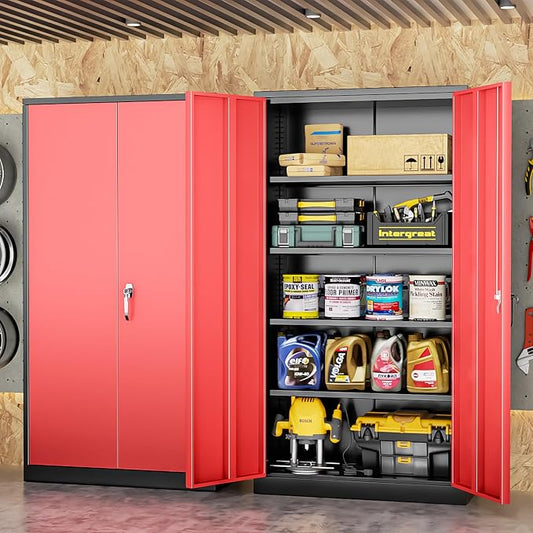 INTERGREAT Metal Storage Cabinet with Doors, 72" Locking Steel Storage Cabinet with Shelves, Tall Metal Cabinet Lockable Steel Cabinets for Home Office, Garage,(Black+Red)