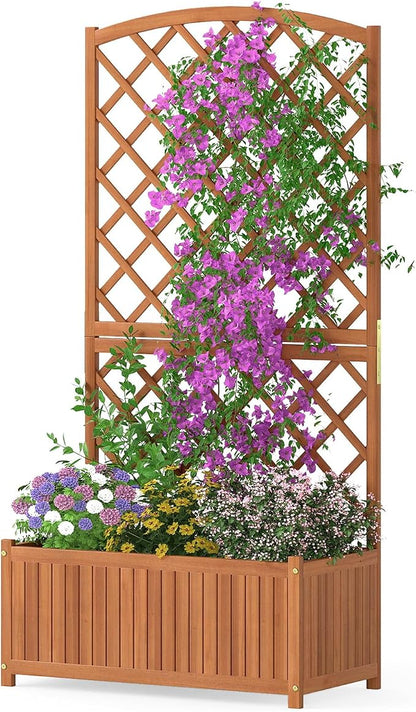 HAPPYGRILL Wooden Raised Garden Bed with Trellis, 63" Tall Planter Box with Trellis & Slat Bottom Base Vine Climbing Plants Flowers, Outdoor Freestanding Garden Box for Backyard Balcony (1)