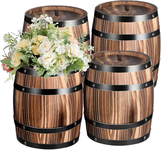 GlikCeil 4 Pcs Wood Wine Barrel Vase Vintage Flower Vase Container Rustic Barrel Planter for Wedding Reception Table Decoration Home Indoor Outdoor Garden Kitchen Party (8 x 6.5 Inch)