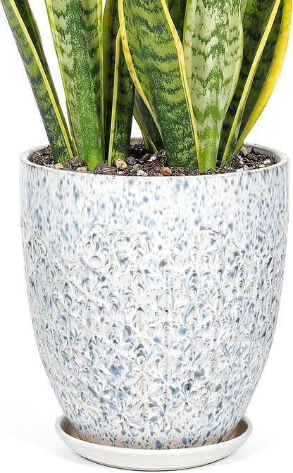 11.8 Inch Flower Pots for Indoor Plants,Ceramic Planter with Saucer Drainage Leak-Proof Mesh Gardening Gloves (Spotted Blue)