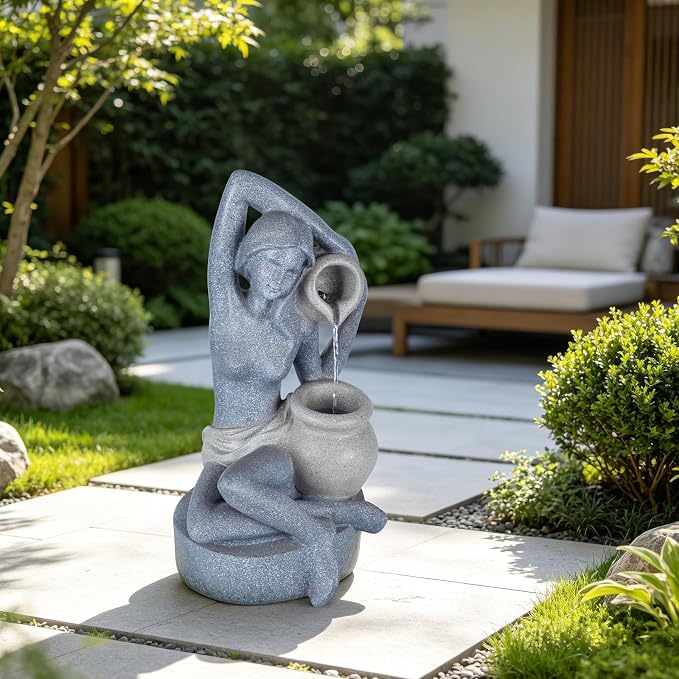 23.6" H Elegant Lady Water Fountain Outdoor, Garden Fountain with LED Light | Artistic Woman Holding Urn Waterfall Feature, Modern Art Fountain for Home, Garden, Patio, Living Room, Gift for Men & Women
