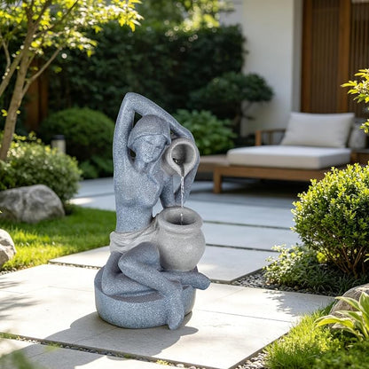 23.6" H Elegant Lady Water Fountain Outdoor, Garden Fountain with LED Light | Artistic Woman Holding Urn Waterfall Feature, Modern Art Fountain for Home, Garden, Patio, Living Room, Gift for Men & Women