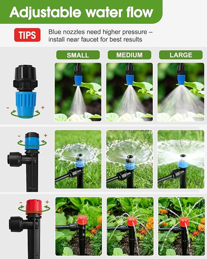 240FT Drip Irrigation System Kit, Quick-Connect Garden Watering System with 20FT 1/2" Main Line & 200FT 1/4" Tubing, 3 Adjustable Emitters for Raised Beds, Greenhouse, Lawn, Patio