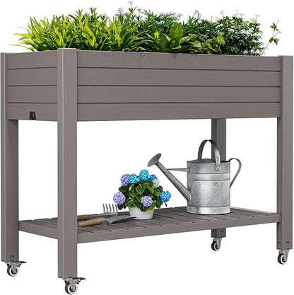 Elevated Raised Garden Bed with Wheels,Planter Box,Gray-33.7" h | Resin Planter Box with Drainage Holes, Water Monitor, Wheels for Garden Patio Backyard