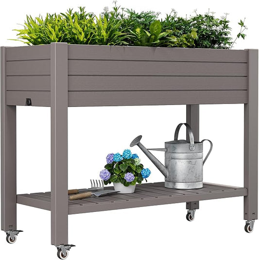 Elevated Raised Garden Bed with Wheels,Planter Box,Gray-33.7" h | Resin Planter Box with Drainage Holes, Water Monitor, Wheels for Garden Patio Backyard