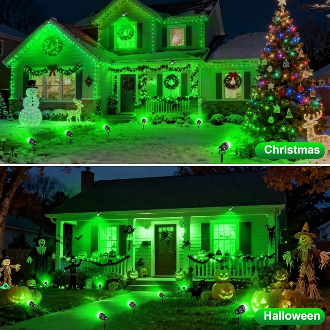 Green Spotlights Outdoor, 14 LED Landscape Lighting with US Plug, IP65 Waterproof Spot Lights for Tree Yard Garden Pathway Halloween Christmas St. Patrick's Day Decor, 4 Pack