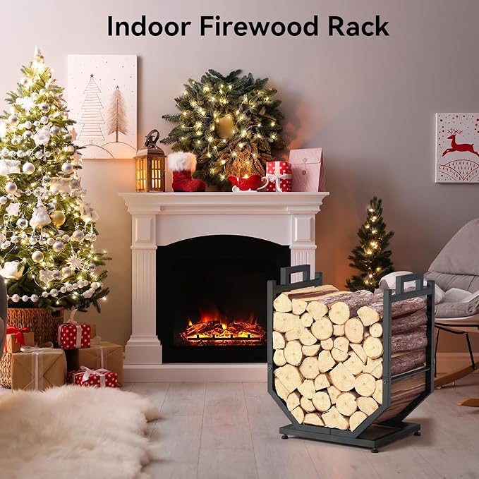 Firewood Rack, Indoor/Outdoor Firewood Holder with Firewood Carrier Bag, Thickened Metal Fireplace Log Holder with Adjustable Feet, Black