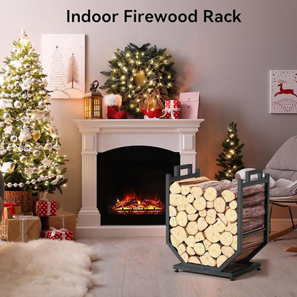 Firewood Rack, Indoor/Outdoor Firewood Holder with Firewood Carrier Bag, Thickened Metal Fireplace Log Holder with Adjustable Feet, Black