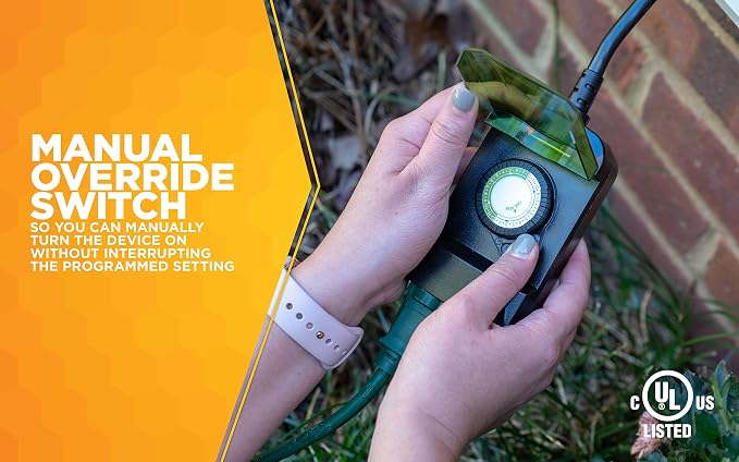 Woods 50011 Outdoor 24-Hour Plug-in Mechanical Timer with 2 Grounded Outlets; Energy Saving; Quick Tool Free; Weatherproof Housing; Programmable Settings; 6-Inch Cord; Black | (Pack of 6)