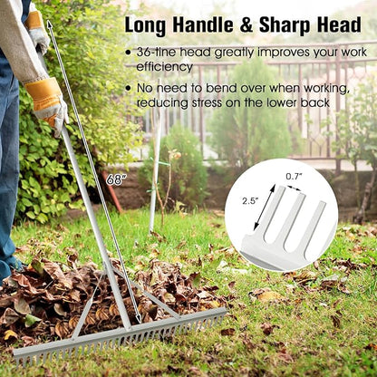 36” Landscape rake, Aluminum Garden with 36 Tines Head & 68” Non-Slip Long Handle, Double-Sided Metal Rake for Loosening Soil & Cleaning Weed, Leaf Rake for Garden Pond Beach Care