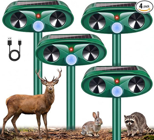 Ultrasonic Deer Repellent Device for Plants Garden Solar Animal Repellent Outdoor with Motion Activated for Rabbit Cat Deterrent Raccoon Squirrel Fortress Pro Keep Pest Out of Yard,4 Pack