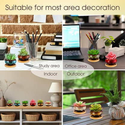 24 Pcs Ceramic Succulent Pots 2.5 Inch Small Plant Pots Indoor with Drainage and Bamboo Saucers Colorful Succulent Flower Planters for Garden Plants Home Decor