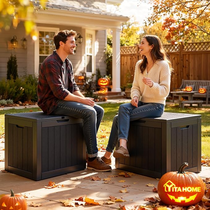 YITAHOME 30 Gallon Deck Boxes 2 Pack | Waterproof Outdoor Storage for Cushions, Tools & Pool Accessories, Resin Package Delivery for Patios, Gardens & Decks, Black