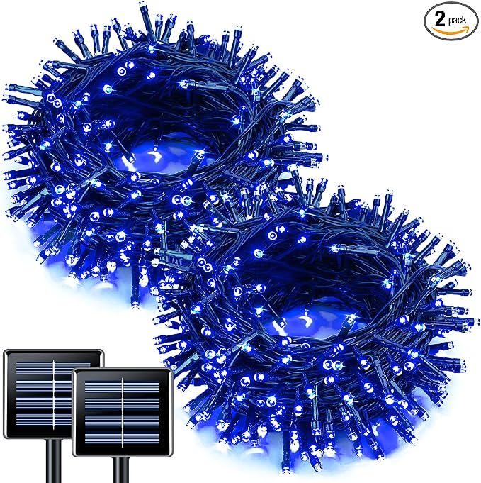 JMEXSUSS 2 Pack Solar String Lights Outdoor, Total 66 FT 200 LED, Blue | Waterproof, 8 Modes, Solar Christmas Lights for Outside Patio Christmas Tree Garden Yard Xmas Decorations