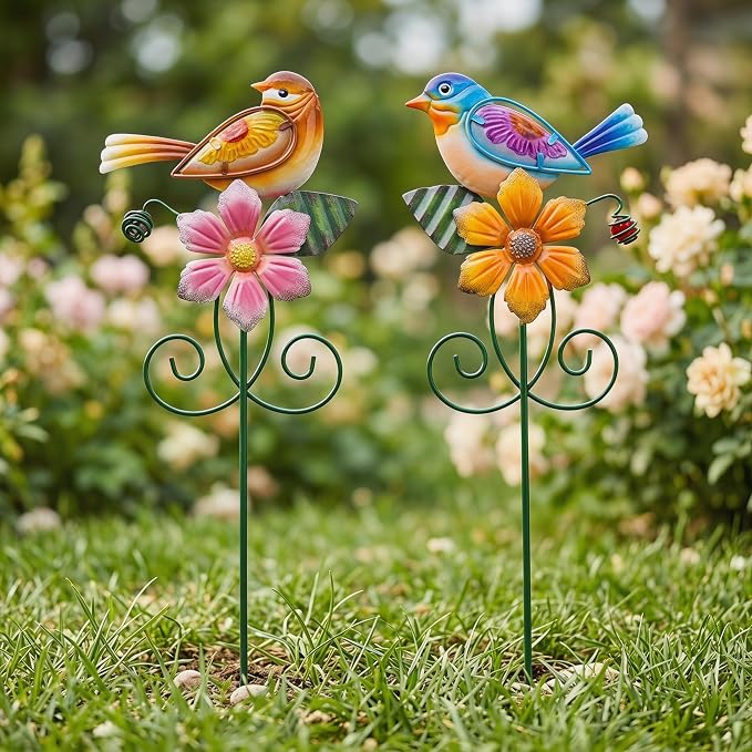 Topadorn Set of 2 Metal Bird & Flower Garden Stakes, Hand-Painted Decorative Yard Art for Planters, Flower Beds & Patio, 16 Inch