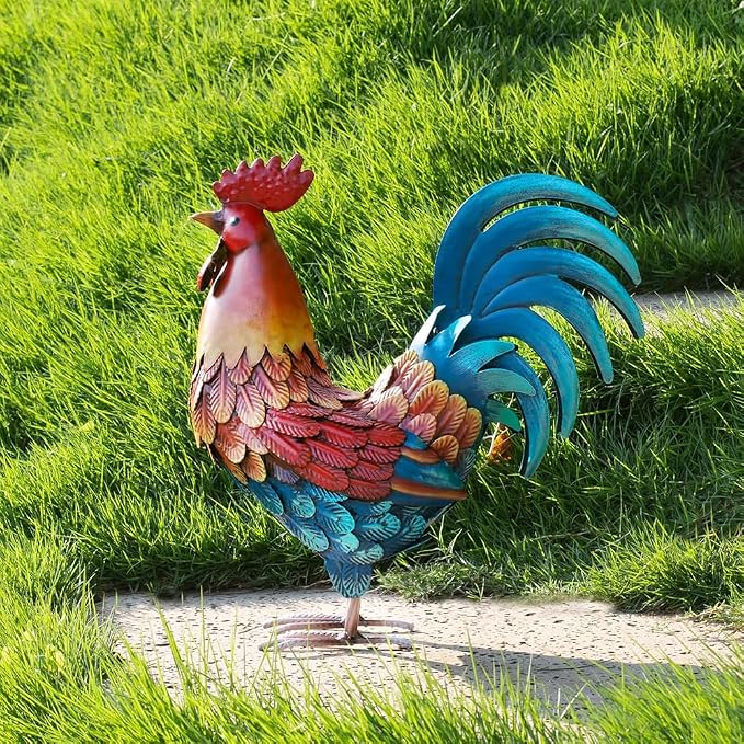 Kircust Metal Rooster Statue 13.4" Weatherproof Garden Decor | Outdoor Garden, Lifelike, Weatherproof Rustproof, Farmhouse Chicken Sculpture, Patio Yard Decor