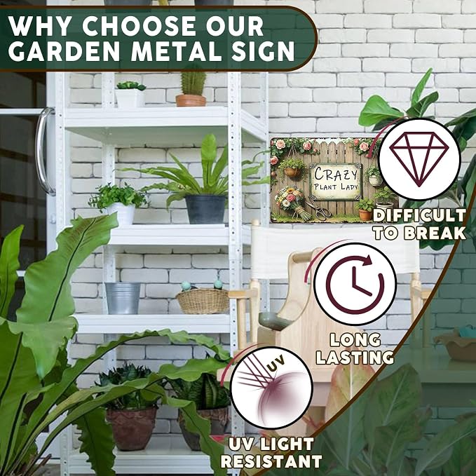 PEACHGARDEN Garden Signs Gardening Wall Decor For Woman Gift Crazy Plant Lady Metal Sign Wall Art Decor For Garden Yard Patio Plant Room Greenhouse 8x12 inch