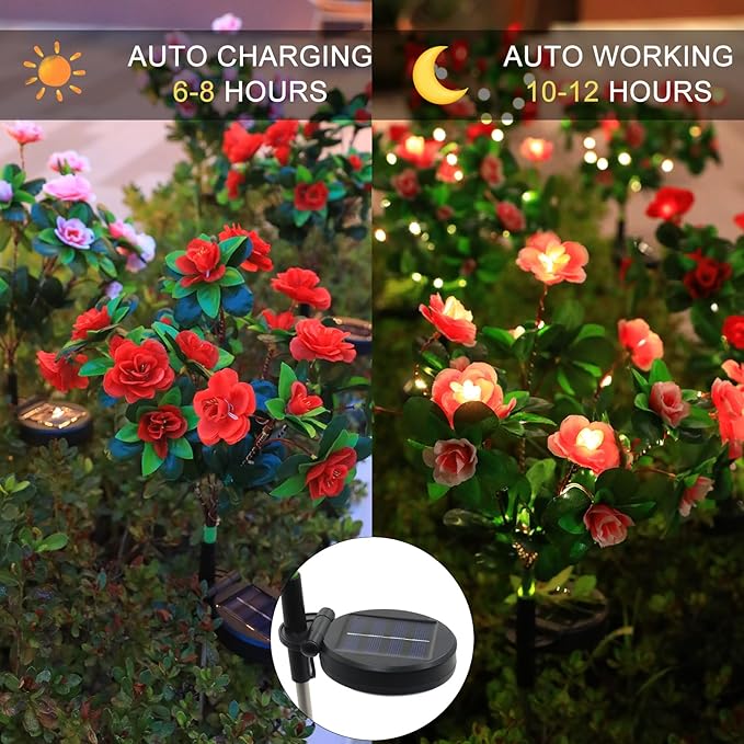 Garden 4 Pack LED Solar Flower Lights with More Realistic Azalea Flowers Solar Garden Lights Outdoor Waterproof for Yard Patio Lawn Pathway Walkway Decoration 4-Pack Red & Pink Combo