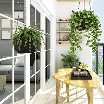 8 Inch Hanging Pots for Indoor Outdoor Plants Set of 2 | Self-Watering Hanging Planters with Internal Saucers, Drainage Holes & Plugs (Hooks)