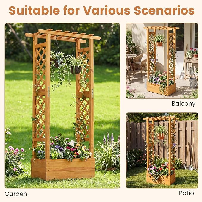 Happygrill 60" Raised Garden Bed with Trellis, 2 Pack Wood Planter Box w/Hanging Roof, 2 Side Trellises, Open-Ended Base for Flower, Climbing Plant, Plant Container for Garden