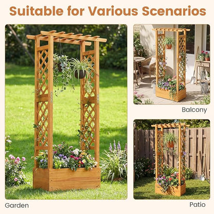 Happygrill 60" Raised Garden Bed with Trellis, 2 Pack Wood Planter Box w/Hanging Roof, 2 Side Trellises, Open-Ended Base for Flower, Climbing Plant, Plant Container for Garden