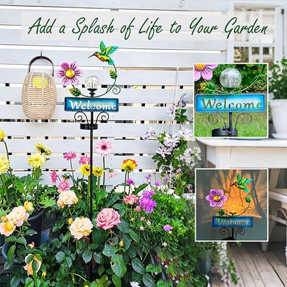 Hummingbird Garden Decorations for Outside, Solar Waterproof Stake Lights with Welcome Sign for Yard Lawn Patio Pathway, Warm Gifts for Mom Grandma Housewarming (Hummingbird)
