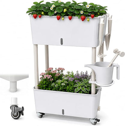 2-Tier 27.8"H Rolling Raised Garden Bed with Wheels, Self Watering Planter Box with Visible Water Level, Gray Rustproof Plastic Herb & Strawberry Planter for Indoor Outdoor Vegetables Flowers, DIY Kit