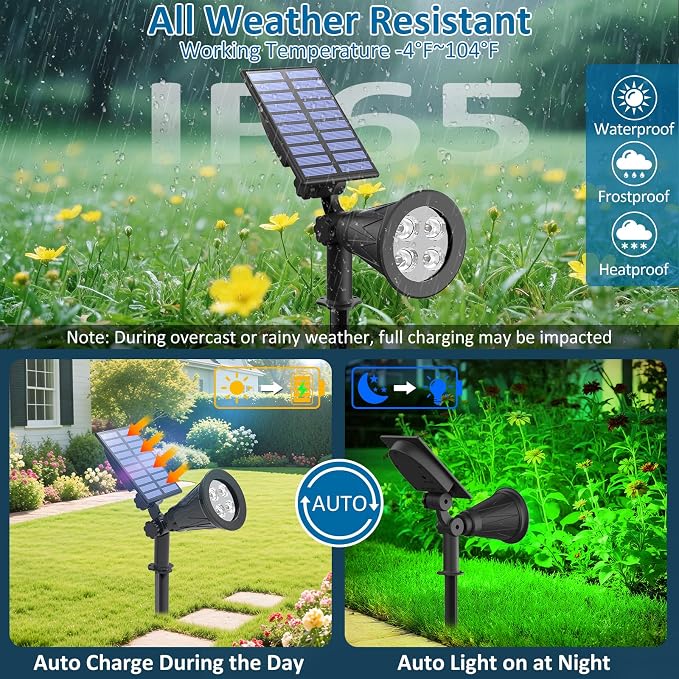 T-SUNUS Green Solar Landscape Spotlights 4 Pack, Solar Spot Lights Outdoor Waterproof, 4 LED Solar Spotlight with Auto On/Off, Adjustable Angle, 2 Lighting Modes for Yard Garden Tree Patio Pathway