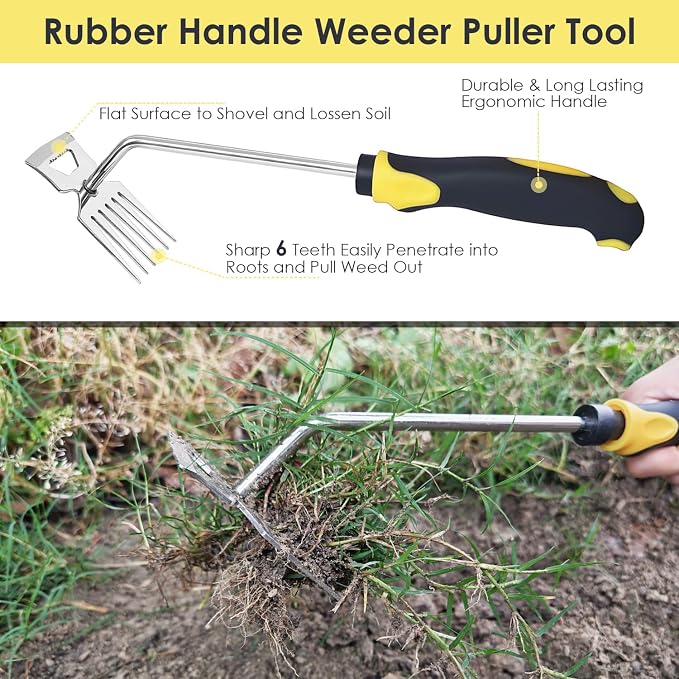Weed Puller Tool, 3 Pack Weed Remover Tool, 6-Tine Uprooting Weeding Tools, Uprooting Puller & Crevice Weeder, Stainless Steel Garden Tools for Deep Roots, Farm & Backyard
