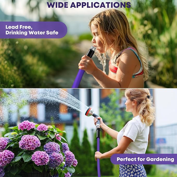 Kohree 25FT RV Water Hose with Storage Bag, 5/8'' Premium Drinking Water Hose, Leak-free, No Odor, Anti-Kink and Flexible Garden Hose for RV, Camper, Truck, Car - Purple