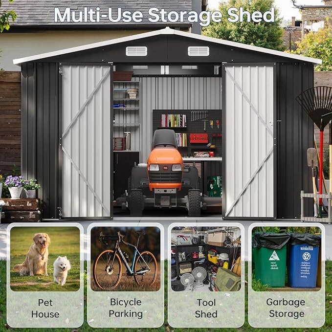 10x12FT Outdoor Storage Shed Black | Metal Garden Tool Shed with Sloping Roof & Lockable Door for Garden, Patio, Backyard