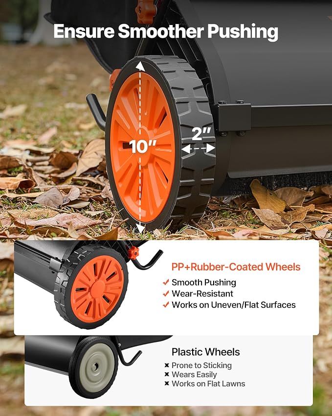 VEVOR Push Lawn Sweeper 30 in Leaf & Grass Collector 12 cu. ft. Hopper Bag | Heavy Duty Yard Sweeper with Adjustable Brush Height, Spinning Brushes, Rubber Wheels for Leaves Grass Cleanup, Black/Orange