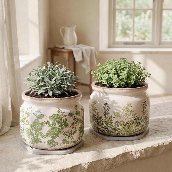 Cottage Ceramic Flower Pots with Decorative Saucer, Plant Lover Gifts | 7.7" Large Indoor Plant Pot, Handmade Antique Crackled Glaze Planter, Rustic Farmhouse Home Decor, Gardening Gifts For Women