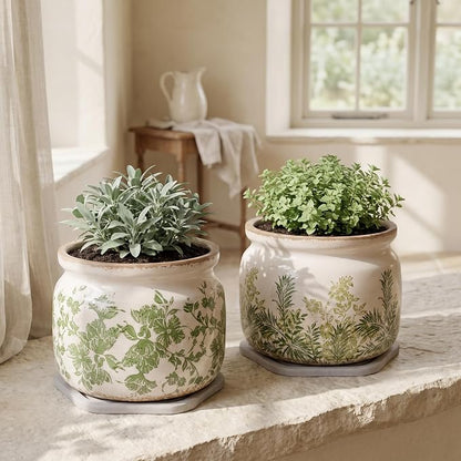 Cottage Ceramic Flower Pots with Decorative Saucer, Plant Lover Gifts | 7.7" Large Indoor Plant Pot, Handmade Antique Crackled Glaze Planter, Rustic Farmhouse Home Decor, Gardening Gifts For Women