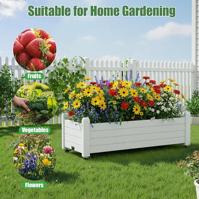 Fancyango Raised Garden Bed with Wheels 13.3" H -Ashen | Resin Elevated Garden Planter Box with Drainage, Outdoor Planter Box for Veggies Herbs Patio Balcony Backyard
