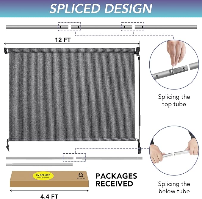 KANAGAWA Outdoor Roller Shade 12'X8' Light Grey Exterior Cordless Patio Roll Up Shades for Outside Pergola Porch, Outdoor Blinds for Patio