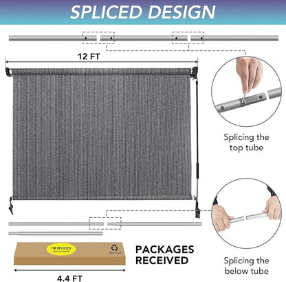 KANAGAWA Outdoor Roller Shade 12'X8' Light Grey Exterior Cordless Patio Roll Up Shades for Outside Pergola Porch, Outdoor Blinds for Patio