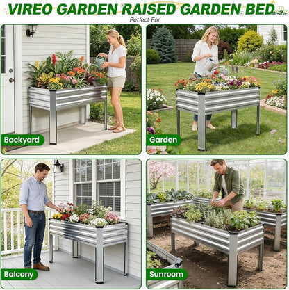 Galvanized Raised Garden Bed with Legs, 48x24x32in Elevated Raised Garden Bed Outdoor with Drainage Holes, Planter Boxes for Gardening Vegetable Flower Fruit in Backyard, Patio, Balcony (Silver)
