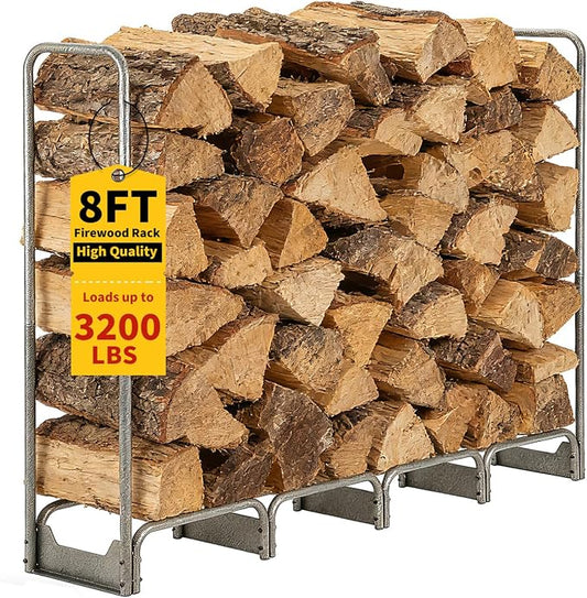 PeakPursuit 8FT Firewood Rack with 600d Oxford Waterproof Cover, Heavy Duty Indoor/Outdoor Steel Log Storage Rack - Wood Pile Holder Stacker Organizer for Fireplace, Patio, Fire Pit, Backyard
