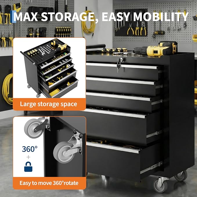 IDEALHOUSE Rolling Tool Chest, 5 Drawers Tool Storage Cabinet, Toolbox with Wheels, Portable Tool Cabinet Organizer with Locking System & Drawer Liners, Tool Storage Cart for Garage, Workshop, Black