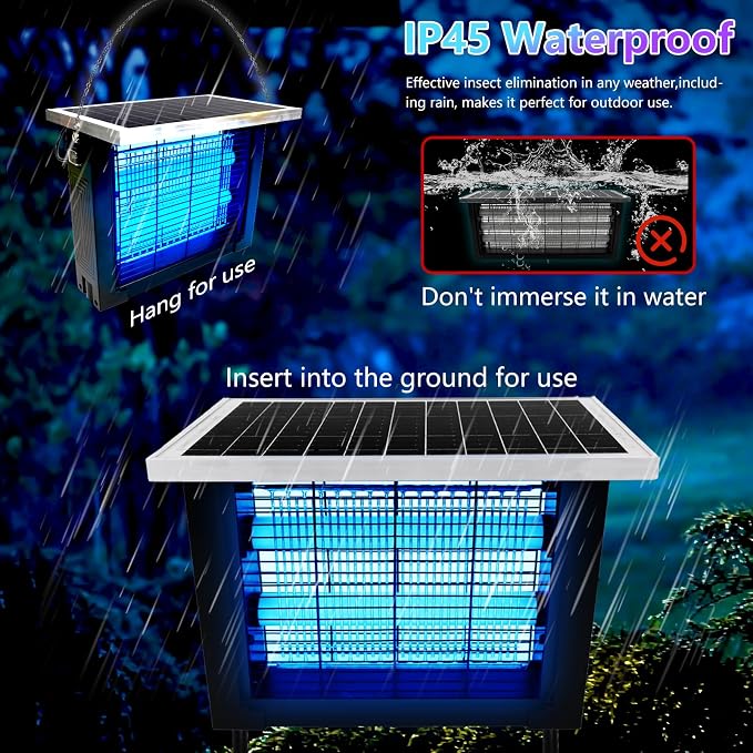 Powerful Solar Bug Zapper for 2000 sq.ft with 13FT Extension Cord | Rechargeable Solar Zapper with High Powered for Outdoor, Waterproof Solar Bug Zapper for Patio Garden Backyard RV Camping