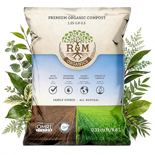 R&M Organics Premium Organic Compost 10 lb Bag for Vegetables, Flowers, Plants & Lawns-All Purpose Soil Amendment Fertilizer - Moisture Retention, Low Odor, Manure Based Compost - Indoor & Outdoor Use
