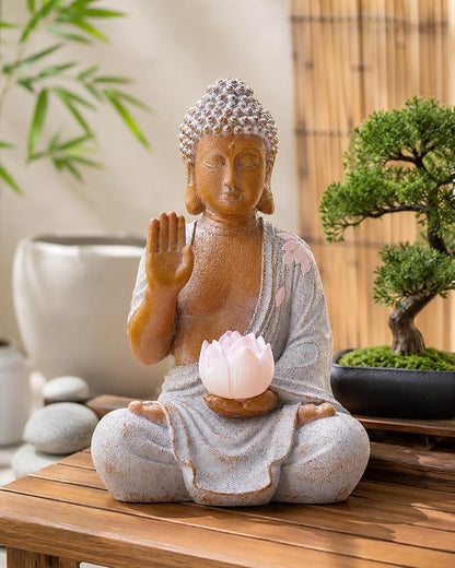 Nacome Solar Buddha Garden Statue Decor: Sitting Resin Figurine with Lotus Flower Light Zen Sculpture for Patio Lawn Yard Porch Balcony Meditation Space - 10.6 inches(White)
